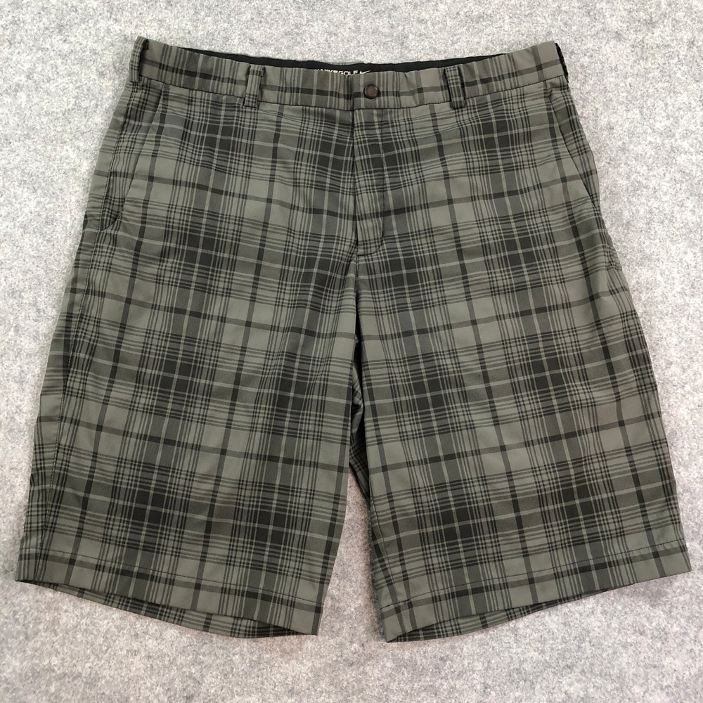 Nike TOUR PERFORMANCE Mens Shorts 36 Gray Plaid Short Sleeve Dri Fit Striped